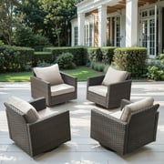 POCASSY Outdoor Swivel Chairs Set of 4 - 360° Swivel Rocking Patio Chair with All-Weather PE Wicker \u0026 Steel Frame, Modern Square Armrests for Porch Balcony, Brown Wicker Beige Cushion